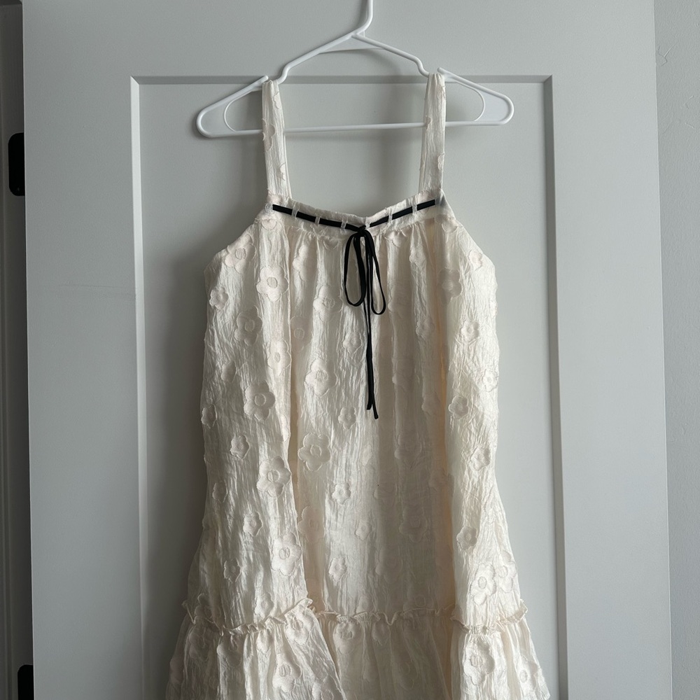 Cream Floral Textured Dress with Black Ribbon